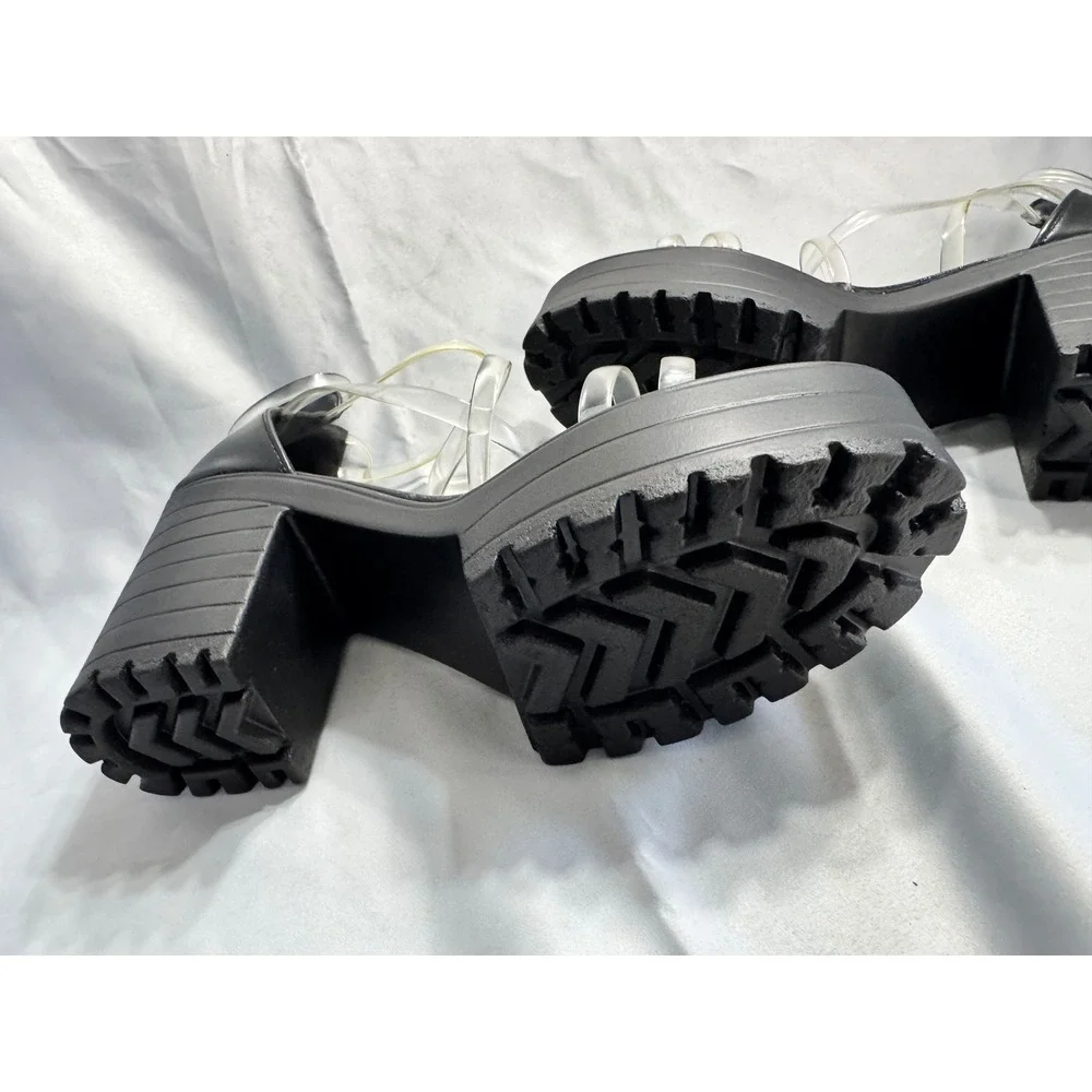 Womens Black Platform Lug Sole Sandals Clear Vinyl Straps Chunky Block Heel Y2K